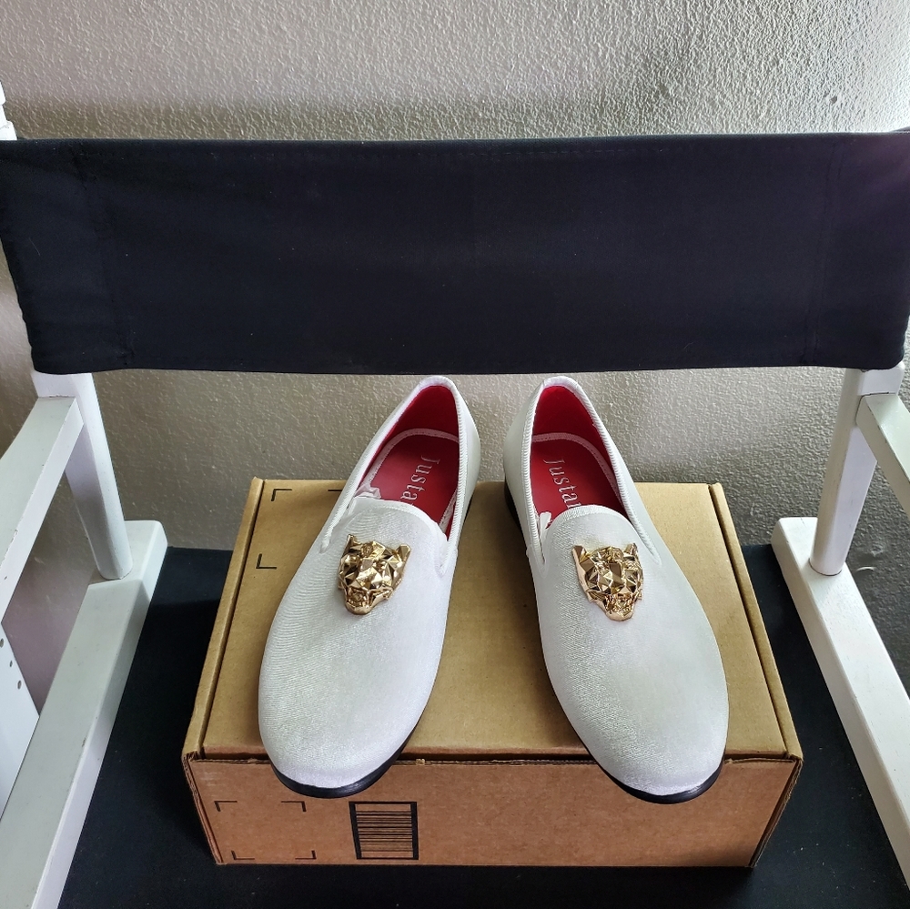 JUSTAR Mens White Velvet Loafers Slip on Size 8 - Picture 4 of 11
